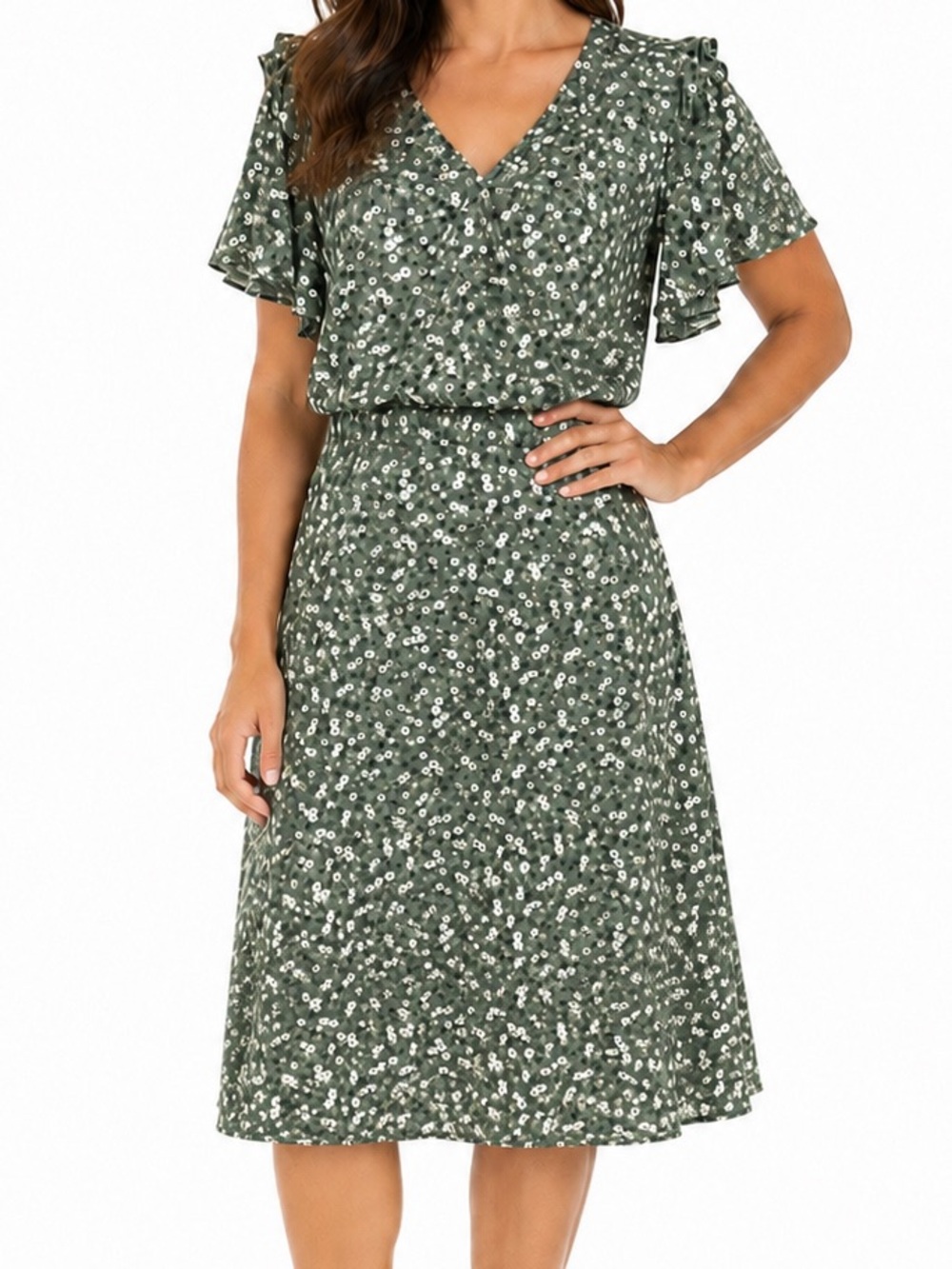 Universal Thread Olive Green Dainty Floral Wrap Midi Dress large d2